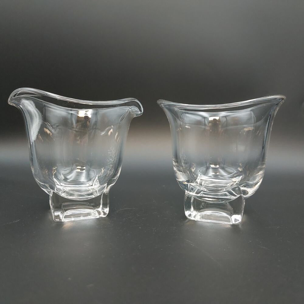 Vintage Cambridge Glass Creamer & Sugar Bowl Set Clear Square Foot MCM 1950s